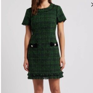 Eliza J Metallic Tweed Green Holiday Mini Dress Bows Rhinestones Size 4